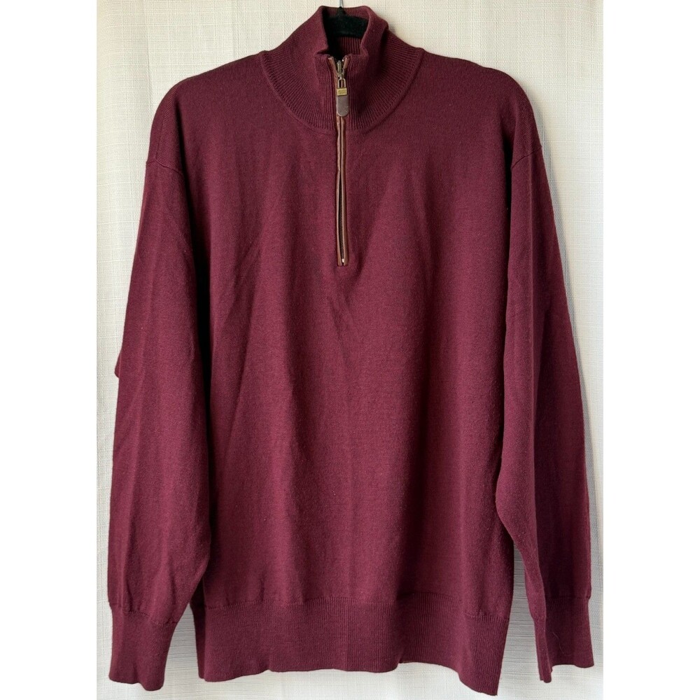 Orvis Sweater Mens Large Burgundy Wine 100% Merino Wool 1/4 Zip Pullover Knit
